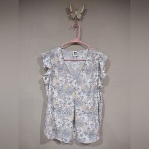 Anne Klein Gold Buttons Toile Flutter Sleeves Floral Blouse